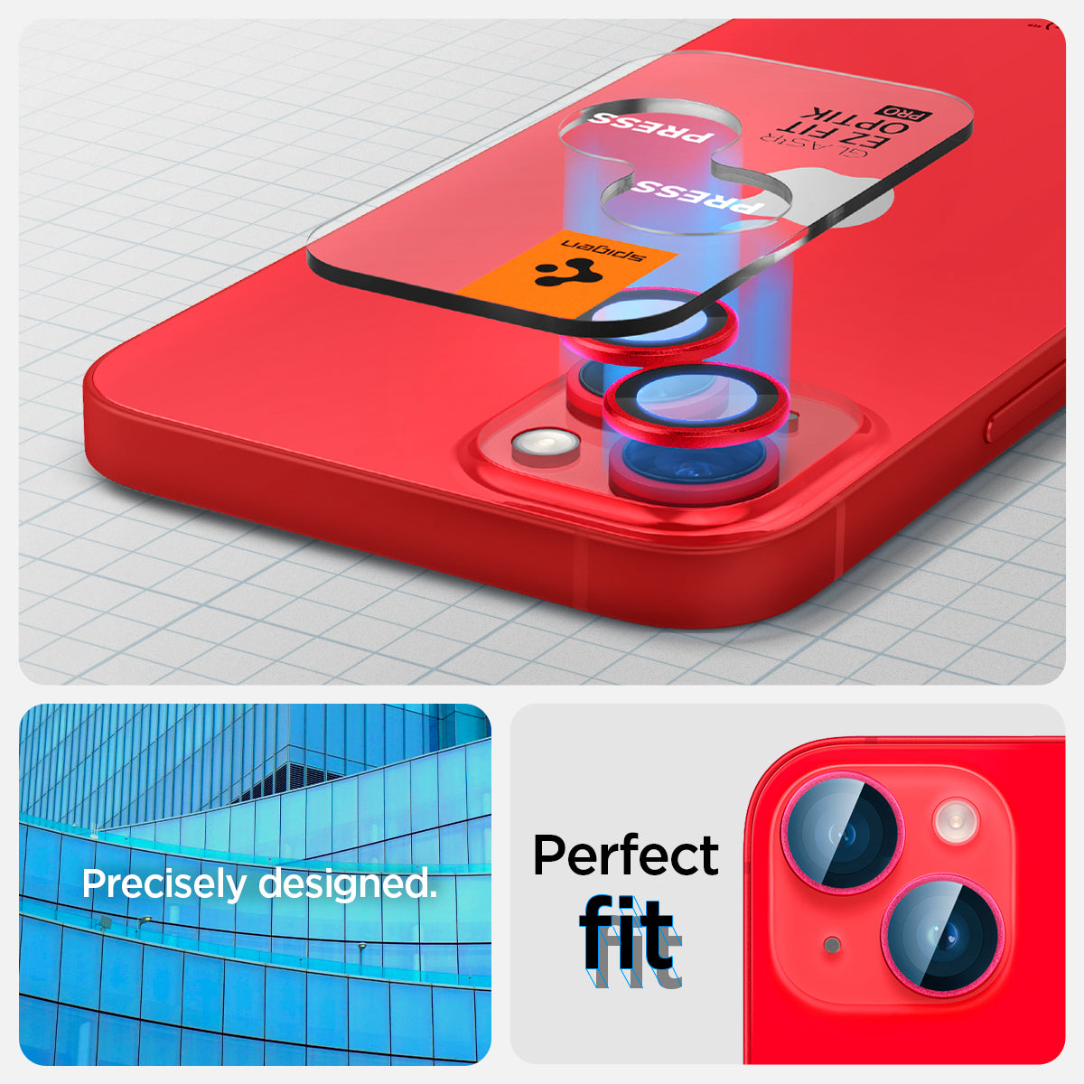 AGL05605 - iPhone 14 / 14 Plus Optik Pro Lens Protector in red showing the perfect fit. Precisely designed for a flush look