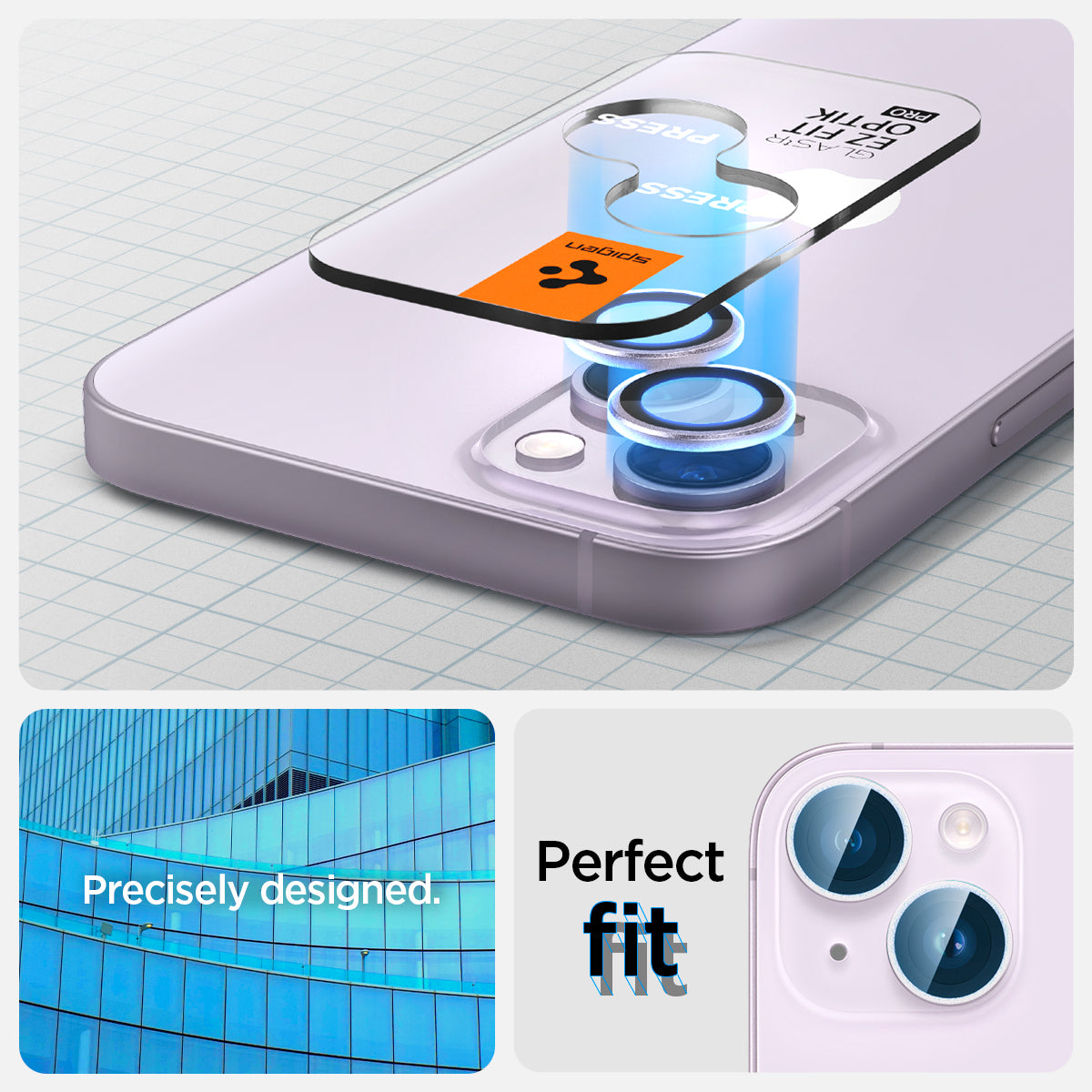 AGL05603 - iPhone 14 / 14 Plus Optik Pro Lens Protector in purple showing the perfect fit. Precisely designed for a flush look