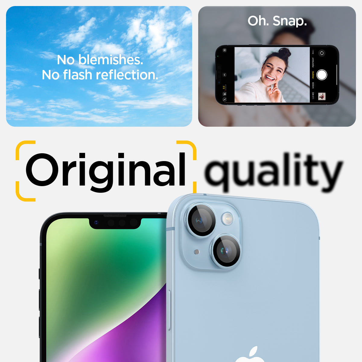 AGL05602 - iPhone 14 / 14 Plus Optik Pro Lens Protector in blue showing the no blemishes, no flash reflection oh, snap, original quality.