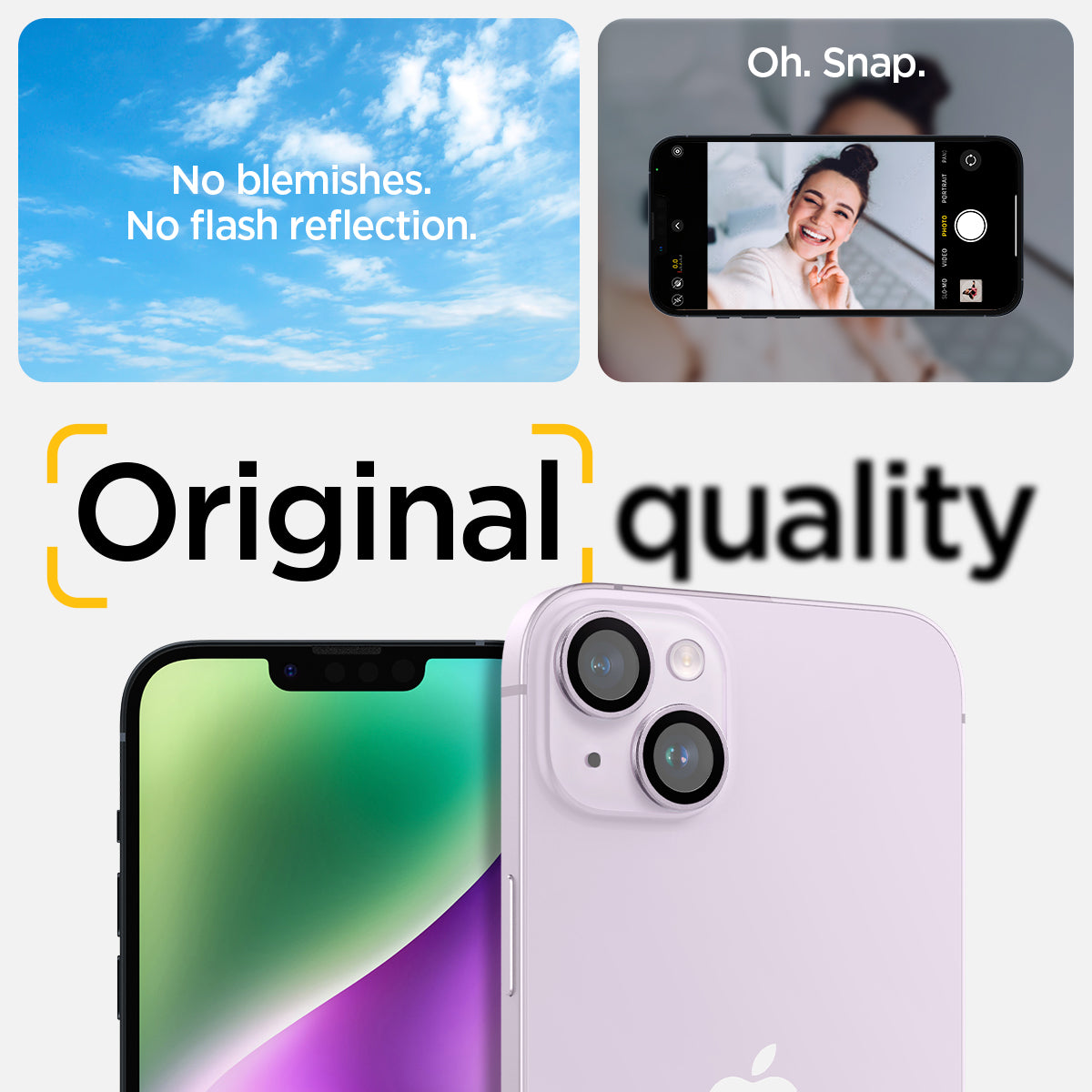AGL05603 - iPhone 14 / 14 Plus Optik Pro Lens Protector in purple showing the no blemishes, no flash reflection oh, snap, original quality.
