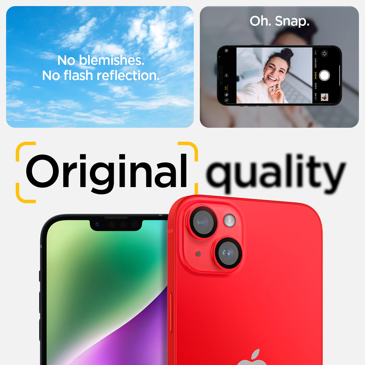 AGL05605 - iPhone 14 / 14 Plus Optik Pro Lens Protector in red showing the no blemishes, no flash reflection oh, snap, original quality.