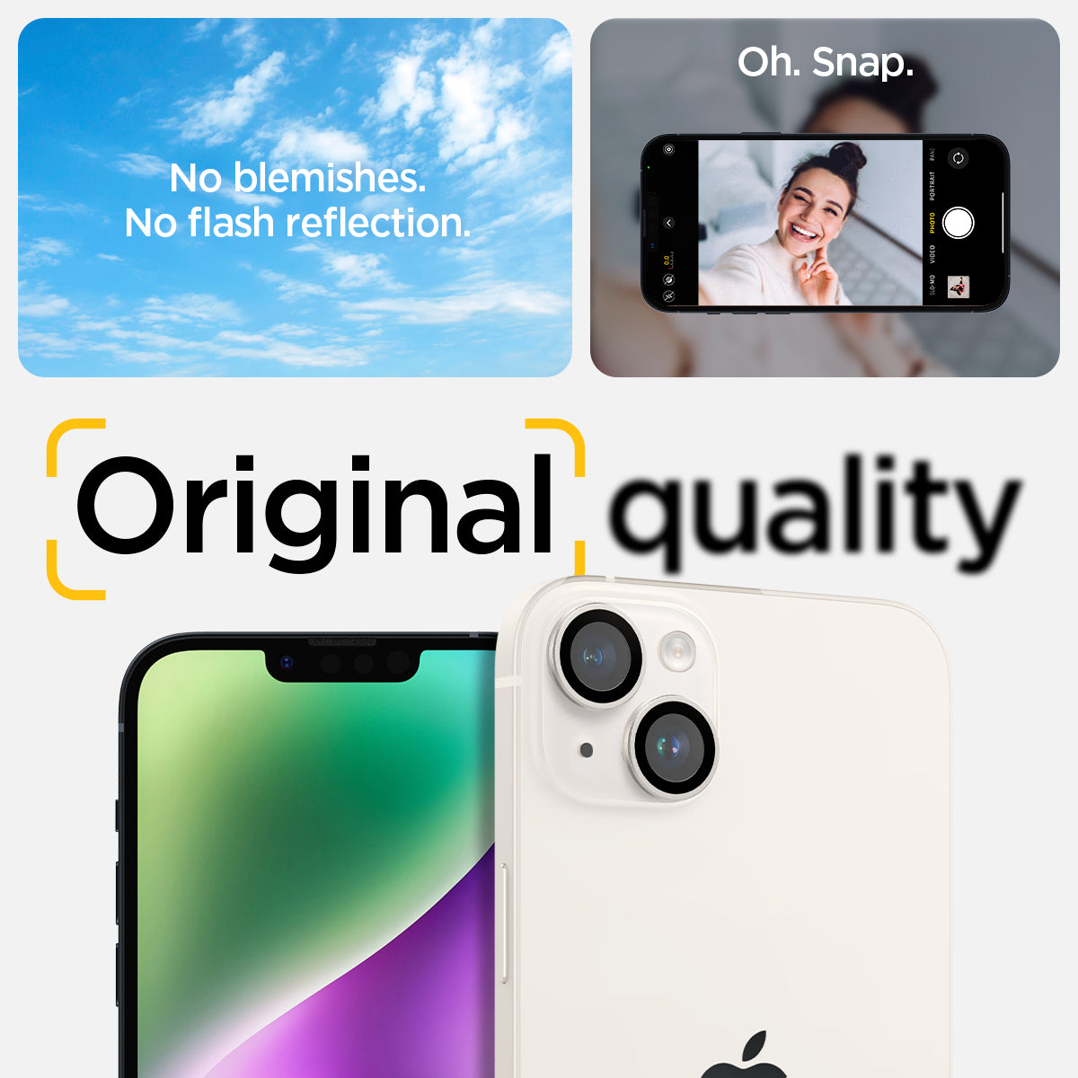 AGL05604 - iPhone 14 / 14 Plus Optik Pro Lens Protector in starlight showing the no blemishes, no flash reflection oh, snap, original quality.