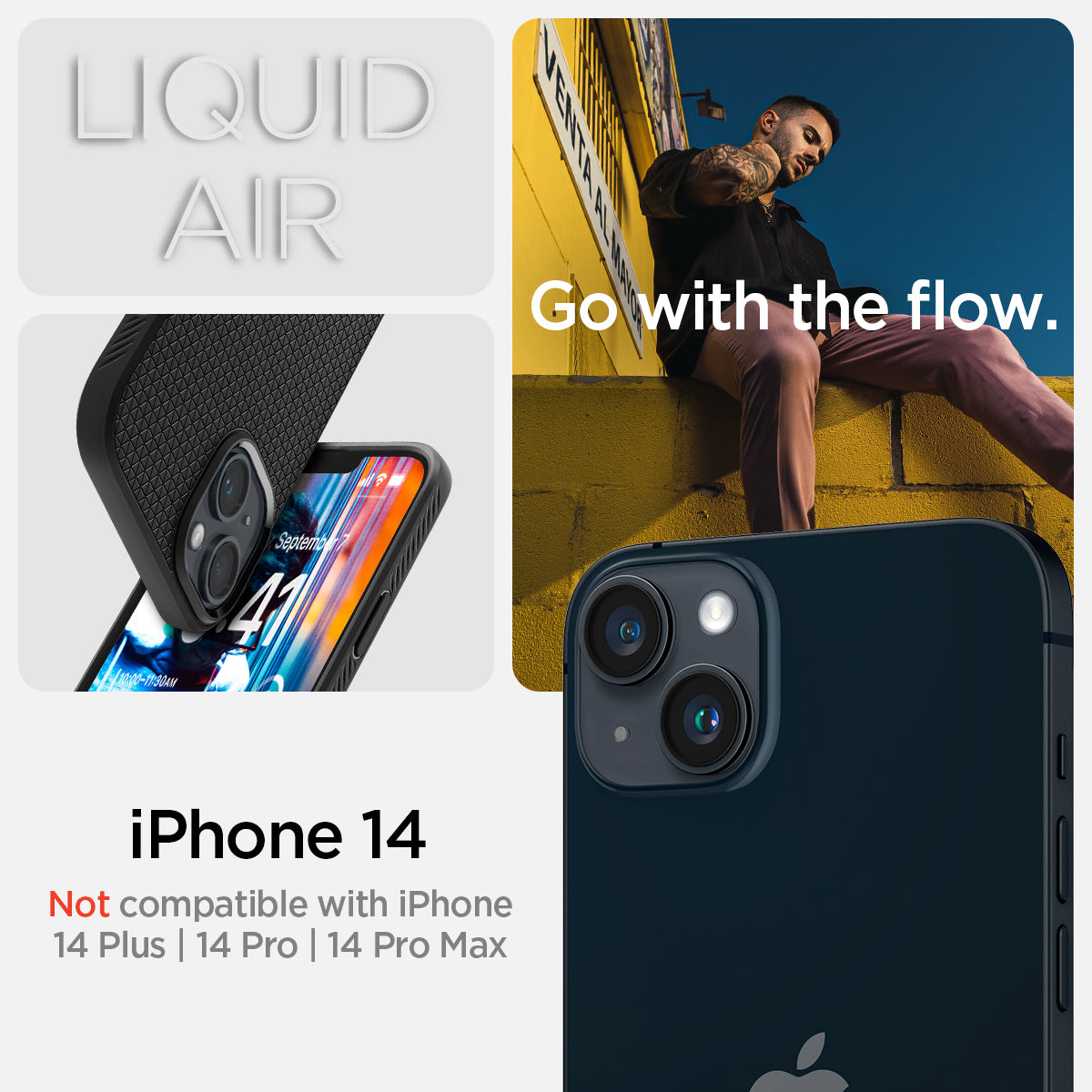 ACS05037 - iPhone 14 Case Liquid Air in matte black showing the compatibility only with iPhone 14. Not compatible with iPhone 14 Plus | 14 Pro | 14 Pro Max