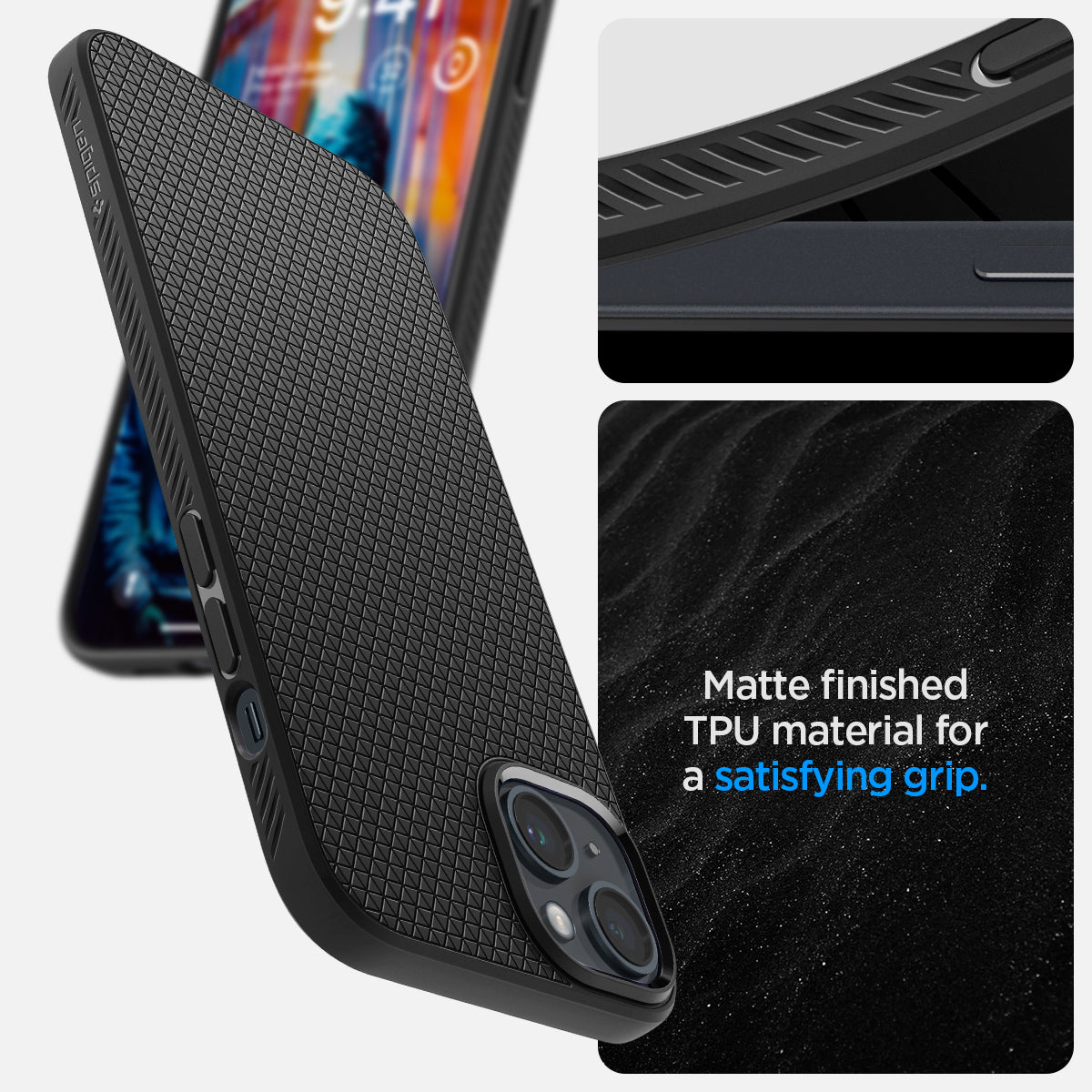 ACS05037 - iPhone 14 Case Liquid Air in matte black showing the matte finished TPU material for a satisfying grip