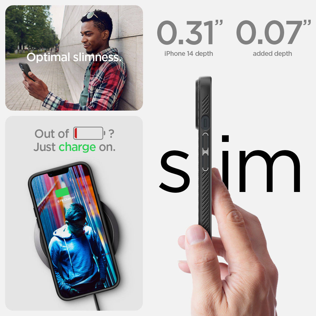 ACS05037 - iPhone 14 Case Liquid Air in matte black showing the optimal slimness. 0.31" iPhone 14 depth | 0.07" added depth