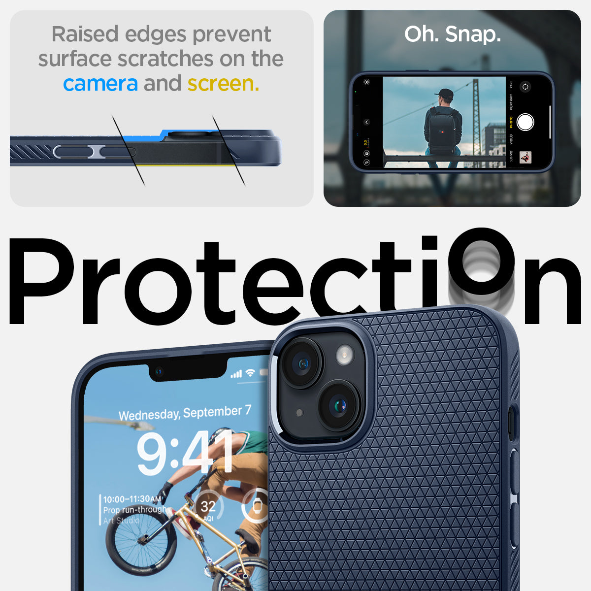 ACS05038 - iPhone 14 Case Liquid Air in navy blue showing the raised edges prevent surface scratches on the camera and screen