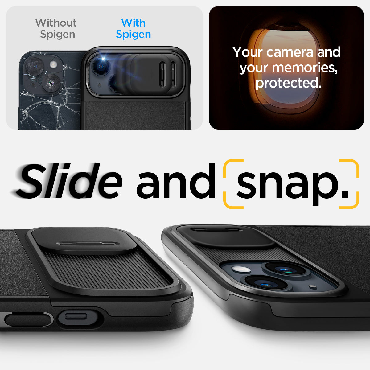 ACS05070 - iPhone 14 Case Optik Armor (MagFit) in black showing Slide and snap. your camera and your memories, protected.
