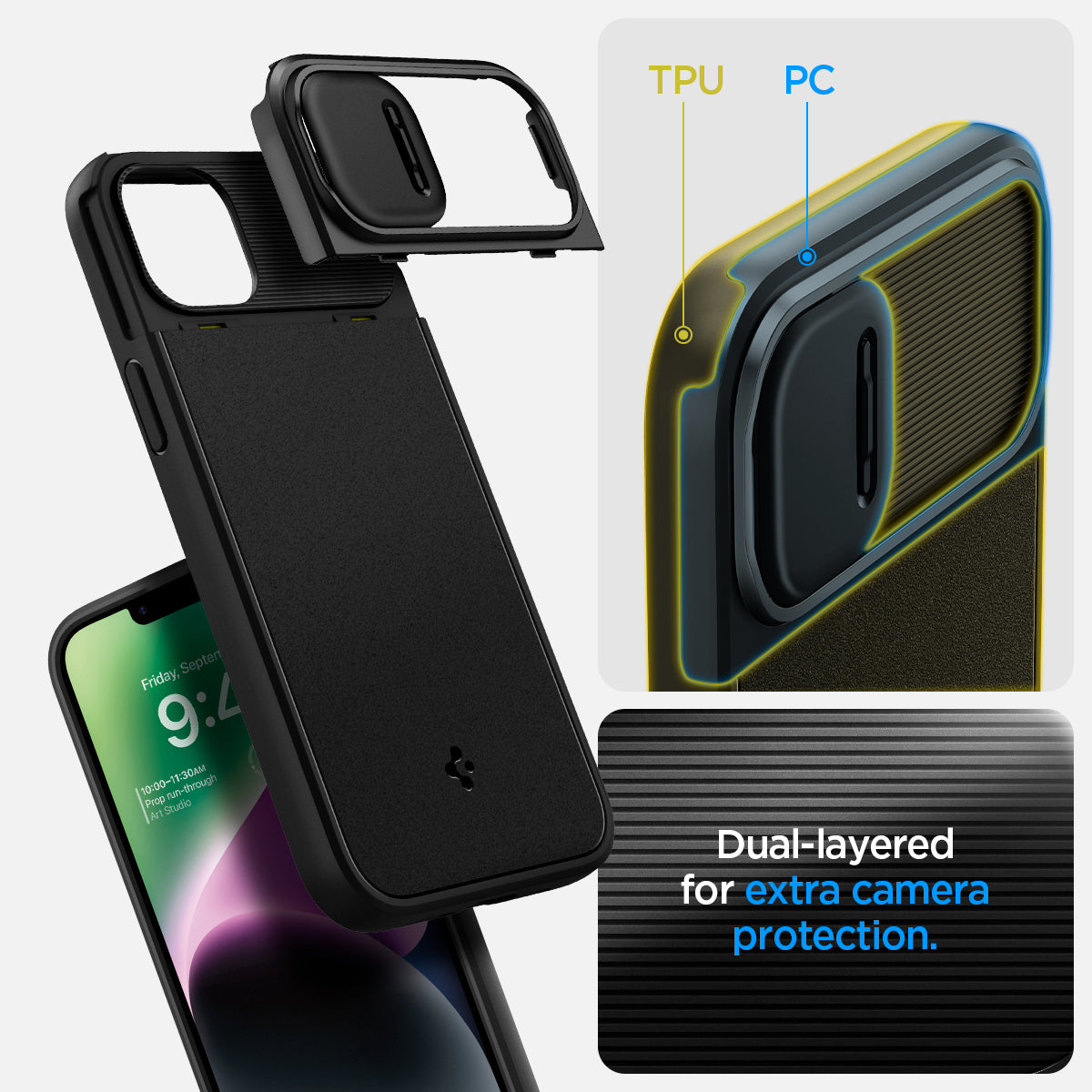 ACS05070 - iPhone 14 Case Optik Armor (MagFit) in black showing dual layered for extra camera protection.