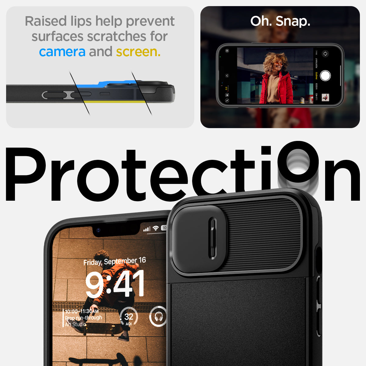 ACS05070 - iPhone 14 Case Optik Armor (MagFit) in black showing protection. Aircushion tech to help your drop.