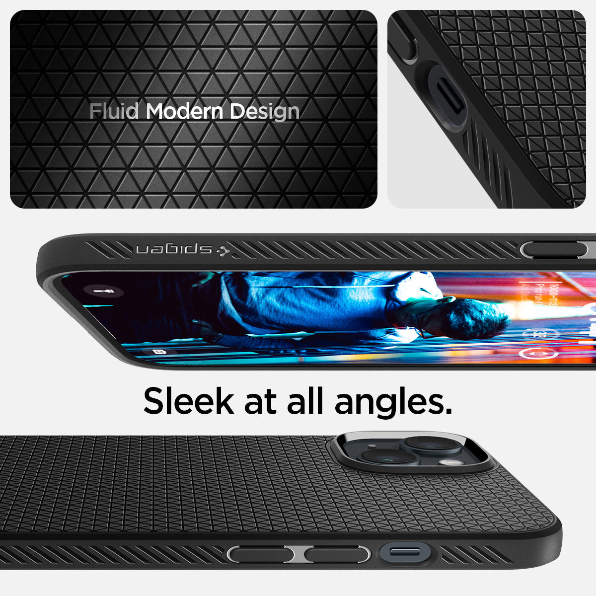 ACS04891 - iPhone 14 Plus Case Liquid Air in matte black showing the fluid modern design. Sleek at all angles