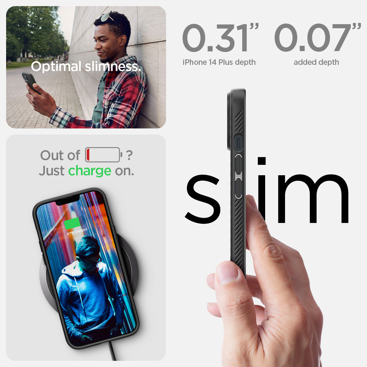 ACS04891 - iPhone 14 Plus Case Liquid Air in matte black showing the optimal slimness. 0.31" iPhone 14 Plus depth | 0.07" added depth