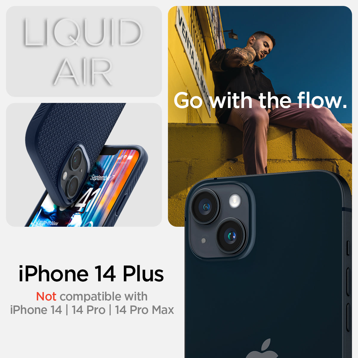 ACS04892 - iPhone 14 Plus Case Liquid Air in navy blue showing the compatibility only with iPhone 14 Plus. Not compatible with iPhone 14 | 14 Pro | 14 Pro Max