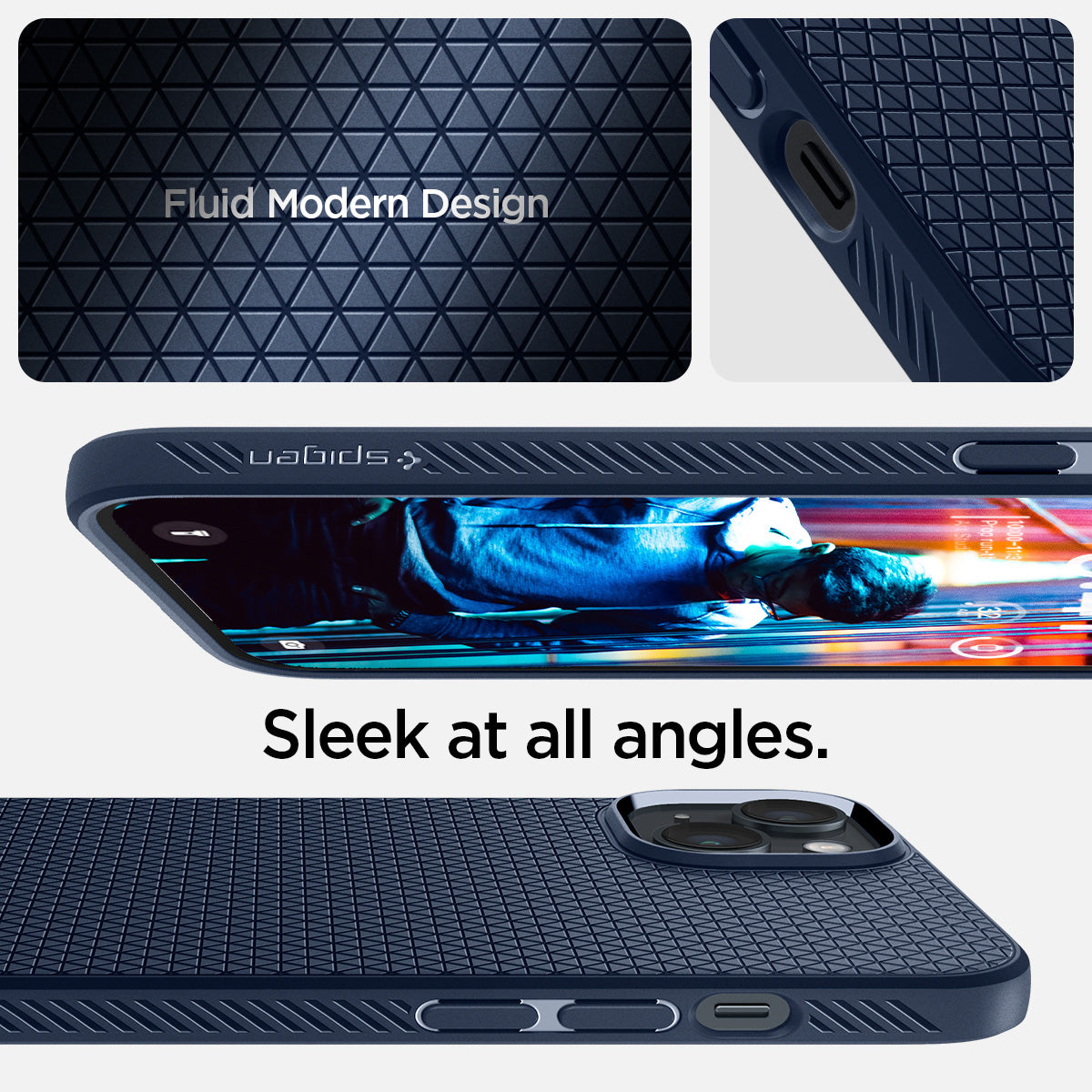 ACS04892 - iPhone 14 Plus Case Liquid Air in navy blue showing the fluid modern design. Sleek at all angles