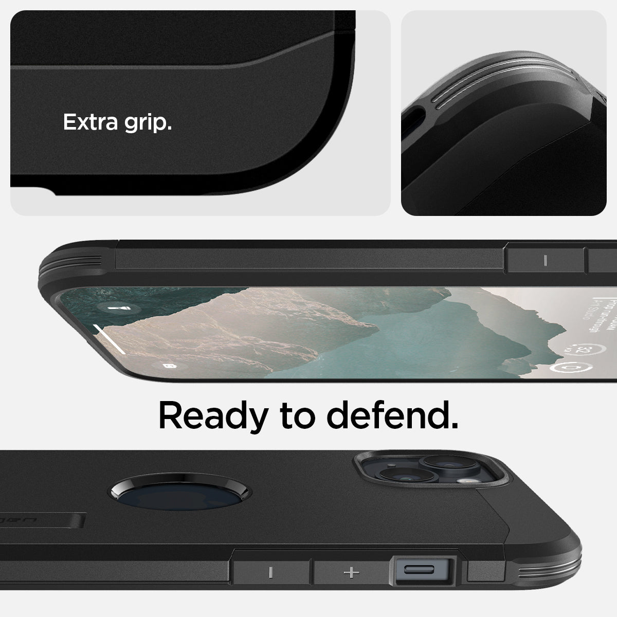 ACS04915 - iPhone 14 Plus Case Tough Armor (MagFit) in black showing extra grip and ready to defend.