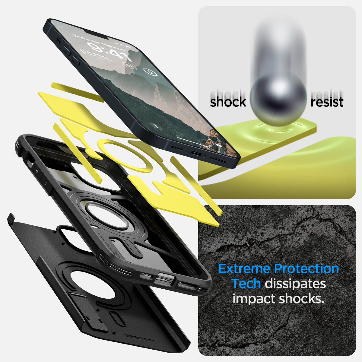 ACS04915 - iPhone 14 Plus Case Tough Armor (MagFit) in black showing shock resist. Extreme protection tech dissipates impact shocks.