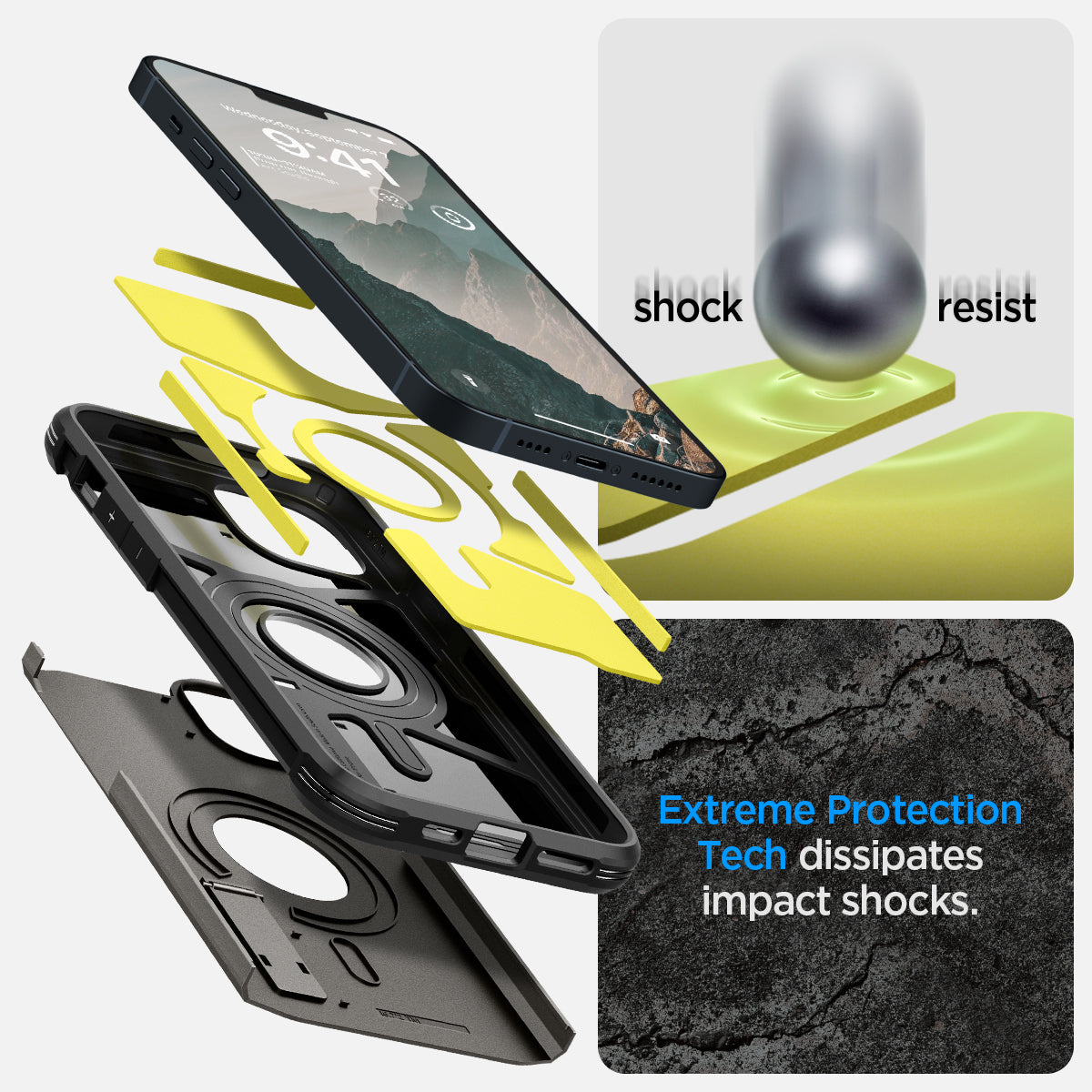 ACS04914 - iPhone 14 Plus Case Tough Armor (MagFit) in gunmetal showing shock resist. Extreme protection tech dissipates impact shocks.