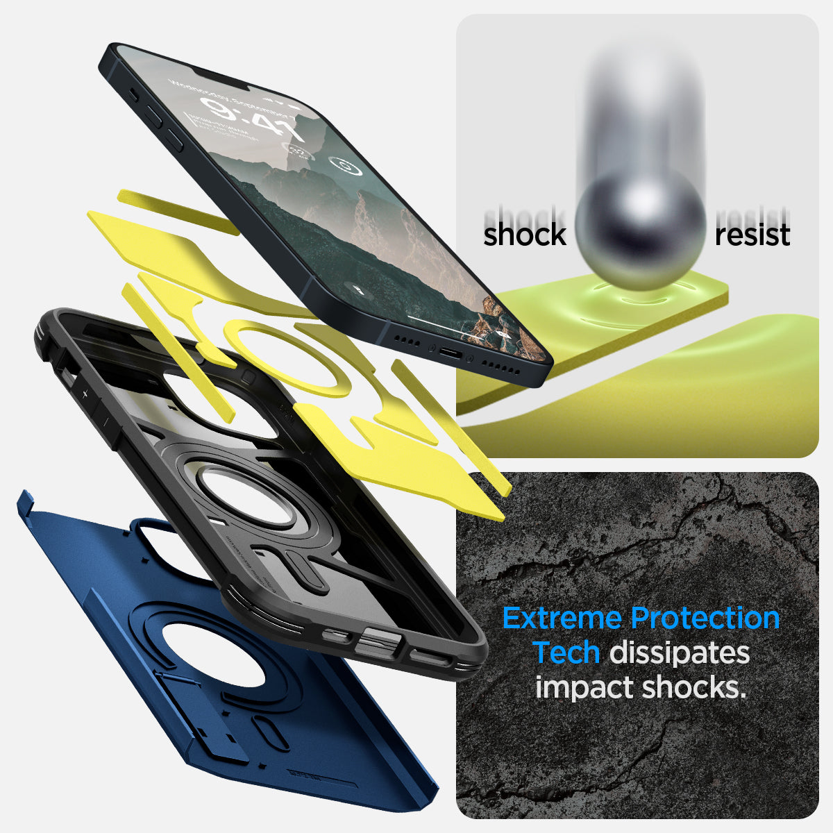 ACS04917 - iPhone 14 Plus Case Tough Armor (MagFit) in navy blue showing shock resist. Extreme protection tech dissipates impact shocks.