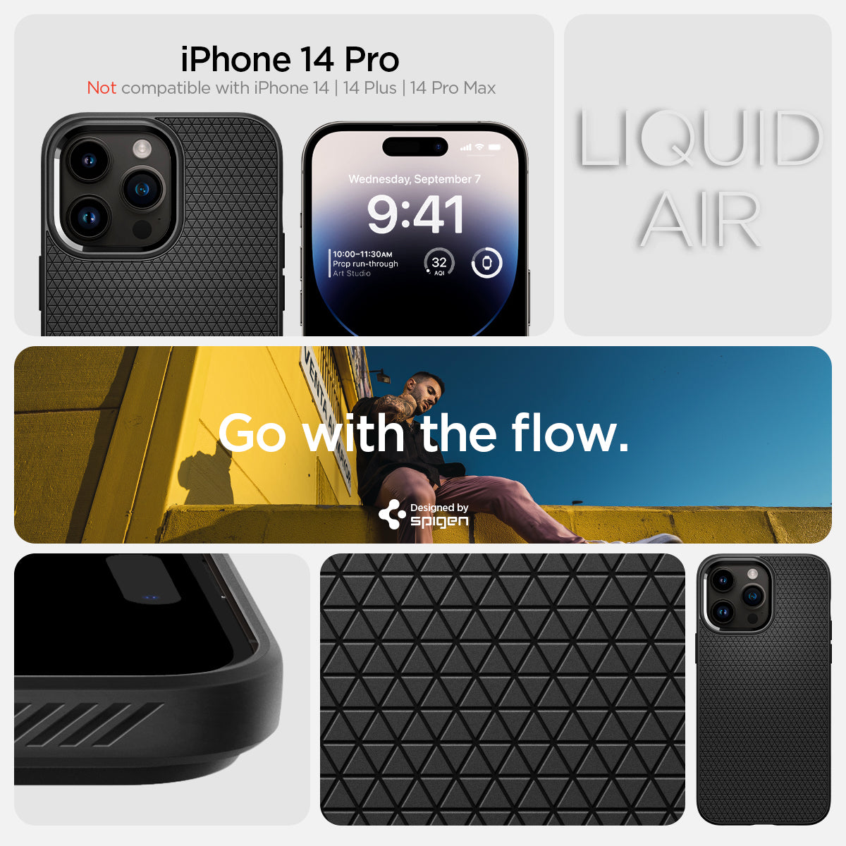 ACS04957 - iPhone 14 Pro Case Liquid Air in matte black showing the compatibility only with iPhone 14 Pro. Not compatible with iPhone 14 | 14 Plus | 14 Pro Max