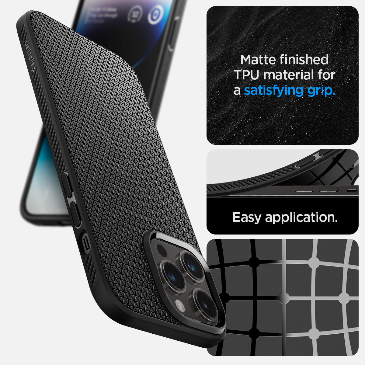 ACS04957 - iPhone 14 Pro Case Liquid Air in matte black showing the Matte finished TPU material for a satisfying grip and easy application