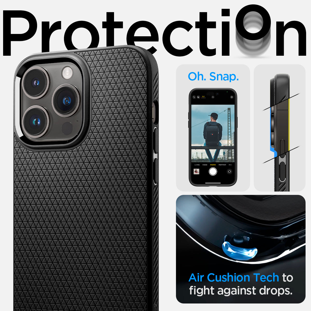 ACS04957 - iPhone 14 Pro Case Liquid Air in matte black showing the protection. Air Cushion Tech to fight against drops