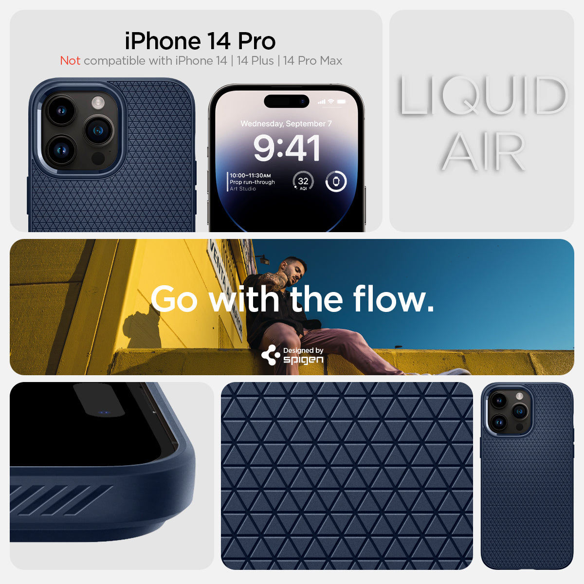 ACS04958 - iPhone 14 Pro Case Liquid Air in navy blue showing the compatibility only with iPhone 14 Pro. Not compatible with iPhone 14 | 14 Plus | 14 Pro Max