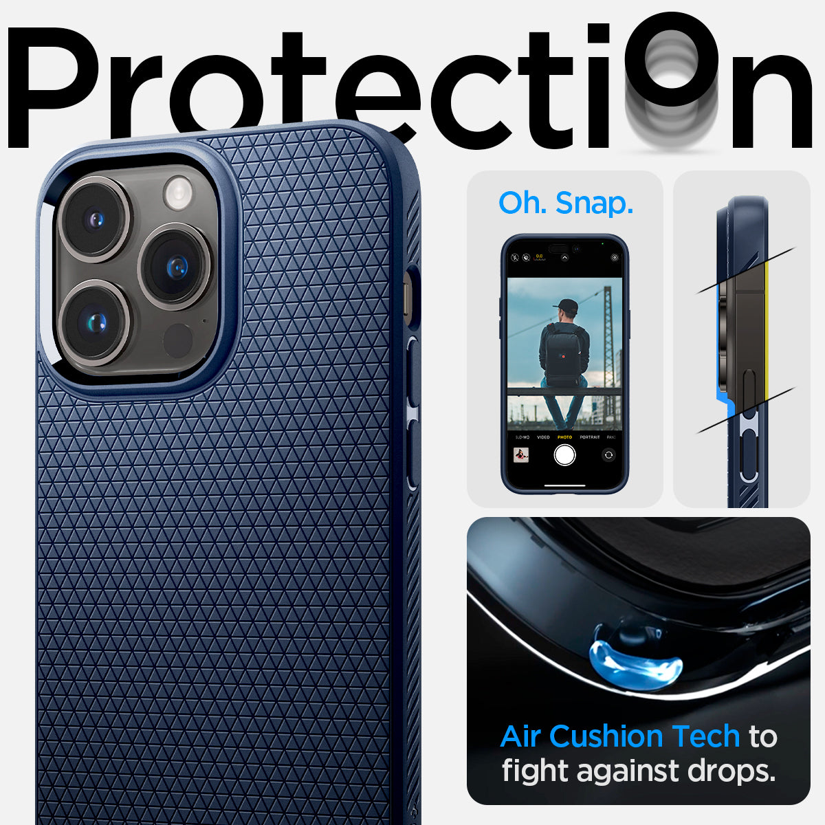 ACS04958 - iPhone 14 Pro Case Liquid Air in navy blue showing the protection. Air Cushion Tech to fight against drops