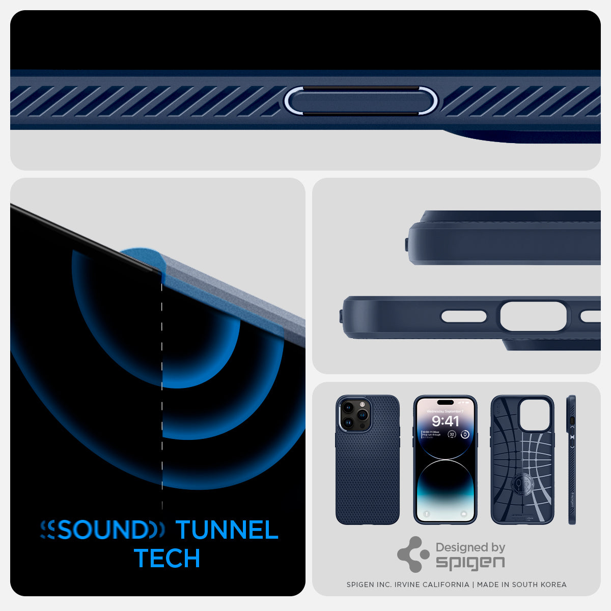 ACS04958 - iPhone 14 Pro Case Liquid Air in navy blue showing the sound tunnel tech.