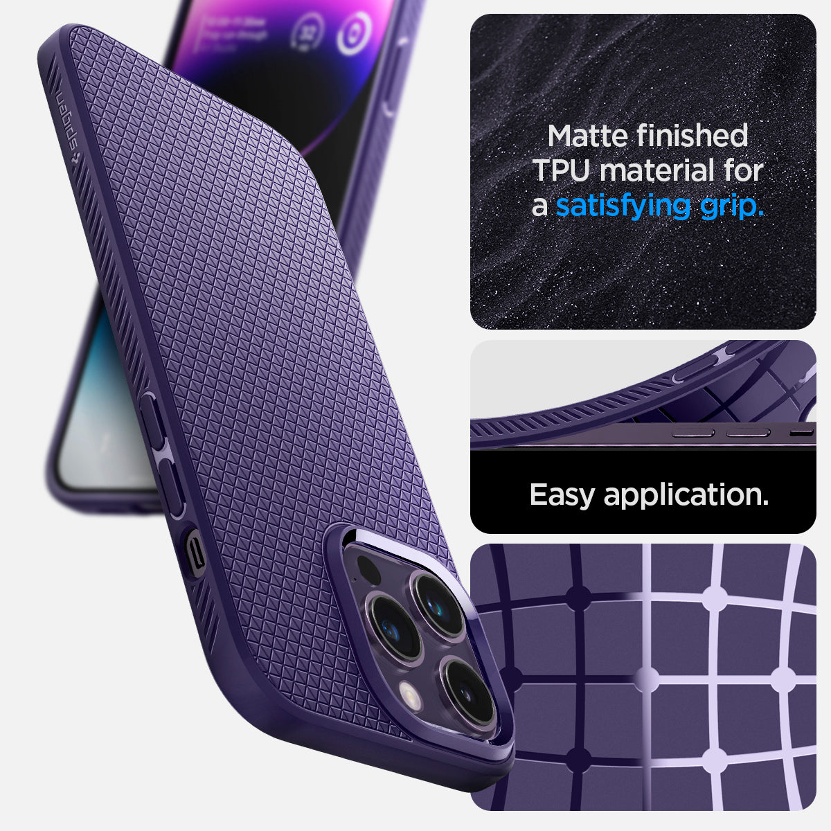 ACS05578 - iPhone 14 Pro Case Liquid Air in deep purple showing the Matte finished TPU material for a satisfying grip and easy application