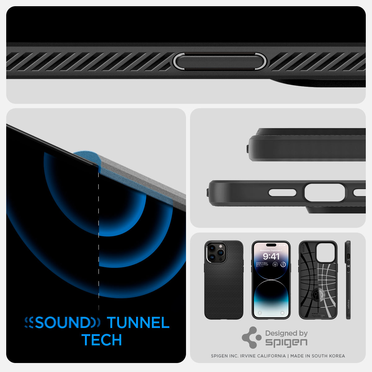 ACS04813 - iPhone 14 Pro Max Case Liquid Air in matte black showing the sound tunnel tech.