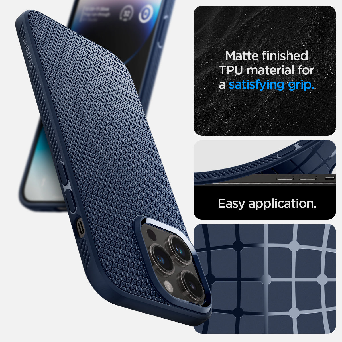 ACS04814 - iPhone 14 Pro Max Case Liquid Air in navy blue showing the Matte finished TPU material for a satisfying grip and easy application