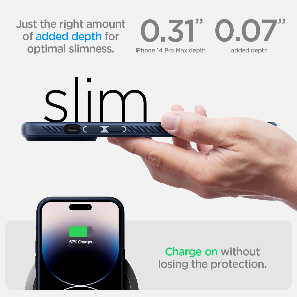 ACS04814 - iPhone 14 Pro Max Case Liquid Air in navy blue showing just the right amount of added depth for optimal slimness. 0.31" iPhone 14 Pro Max depth | 0.07" added depth. Slim and charge on without losing the protection