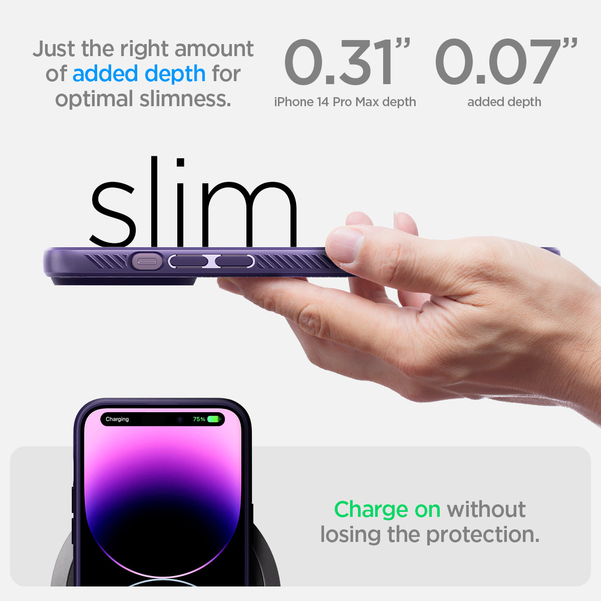 ACS05575 - iPhone 14 Pro Max Case Liquid Air in deep purple showing just the right amount of added dept for optimal slimness. 0.31" iPhone 14 Pro Max depth | 0.07" added depth. Slim and charge on without losing the protection
