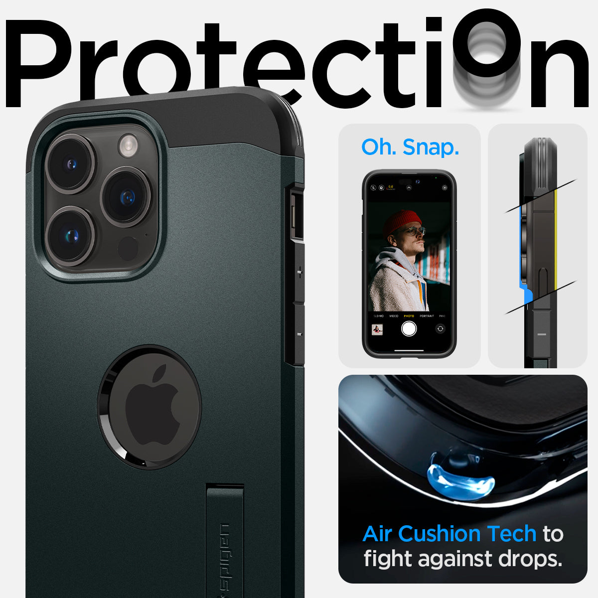 ACS04988 - iPhone 14 Pro Case Tough Armor (MagFit) in abyss green showing protection. Oh, snap. Air cushion tech to fight against drops.