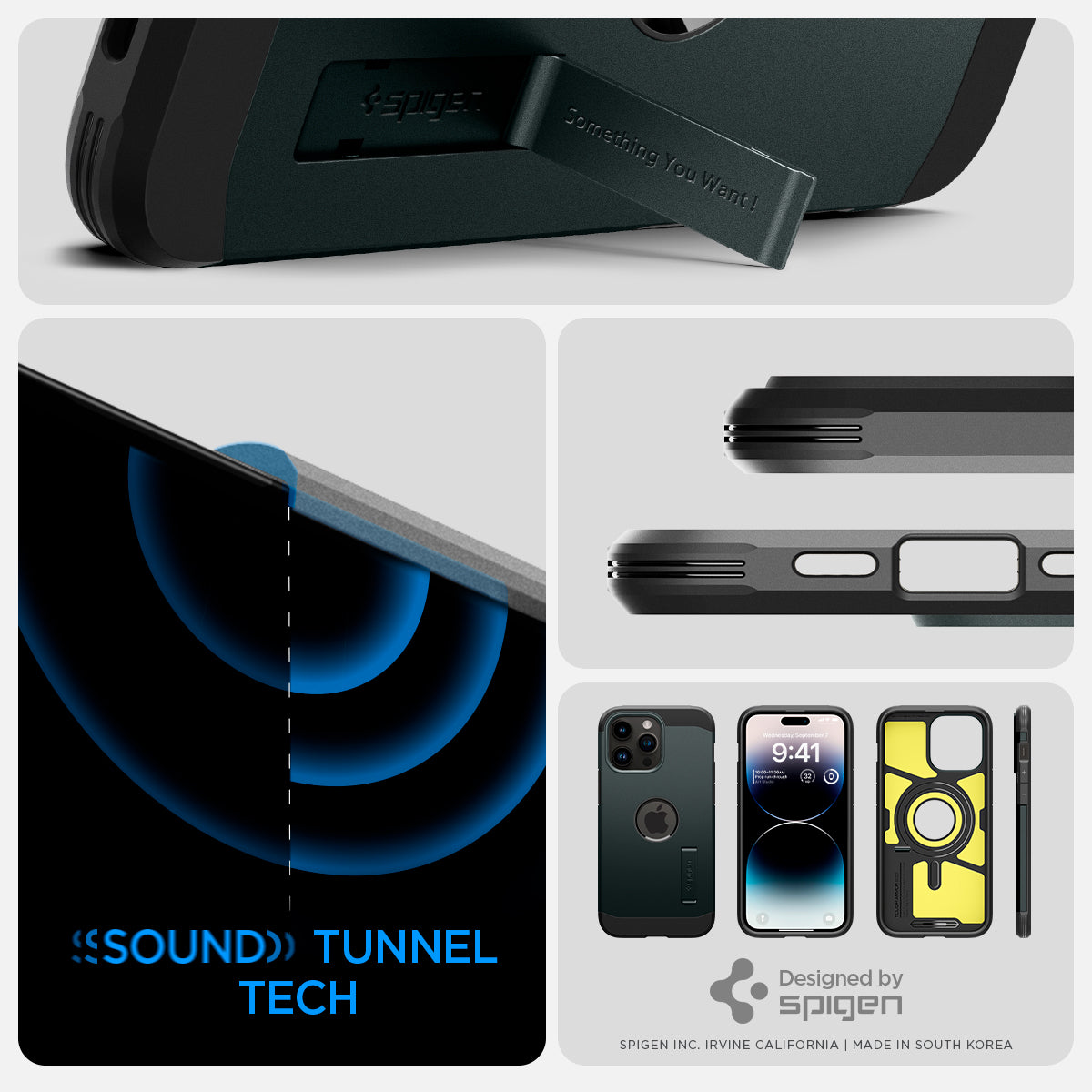 ACS04988 - iPhone 14 Pro Case Tough Armor (MagFit) in abyss green sound tunnel tech. Designed by spigen.