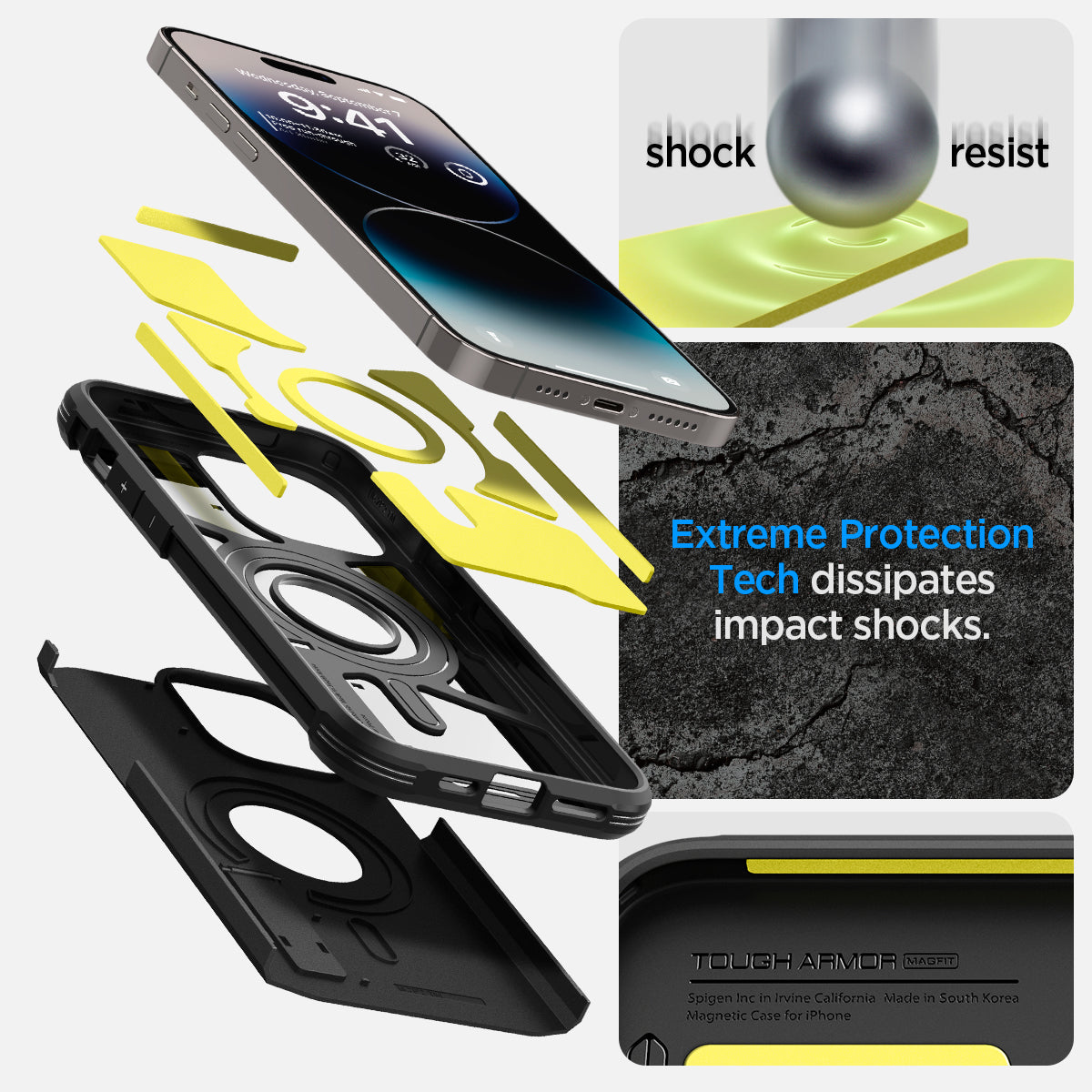 ACS04985 - iPhone 14 Pro Case Tough Armor (MagFit) in black showing shock resist. Extreme protection tech dissipates impact shocks.