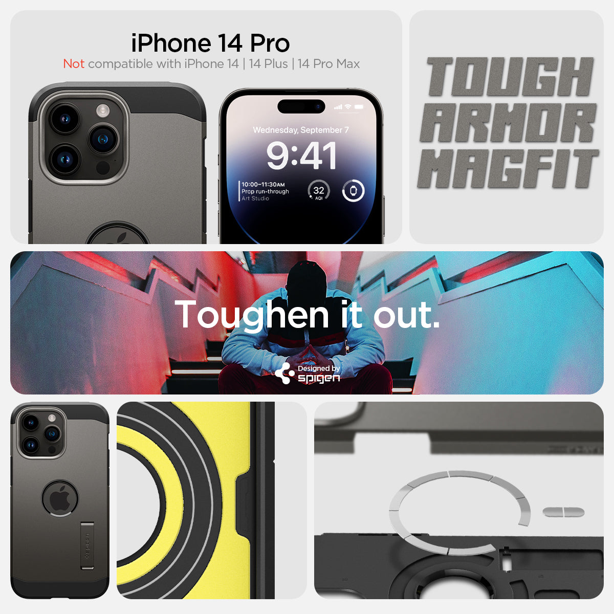 ACS04984 - iPhone 14 Pro Case Tough Armor (MagFit) in gunmetal iPhone 14 pro. Not compatible with iPhone 13, 14plus, 14 pro max. Tough armor magfit. toughen it out.