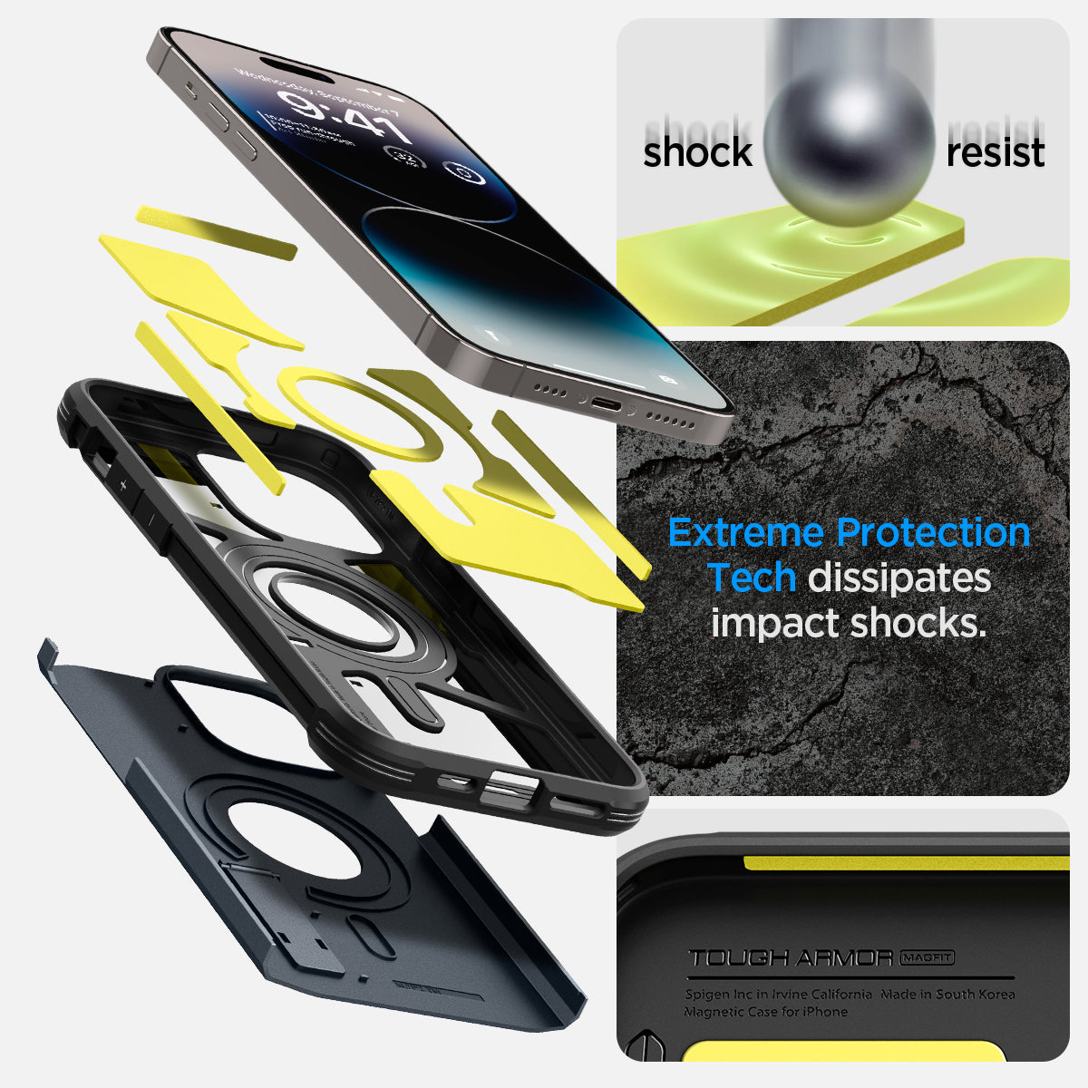 ACS04987 - iPhone 14 Pro Case Tough Armor (MagFit) in metal slate showing shock resist. Extreme protection tech dissipates impact shocks.