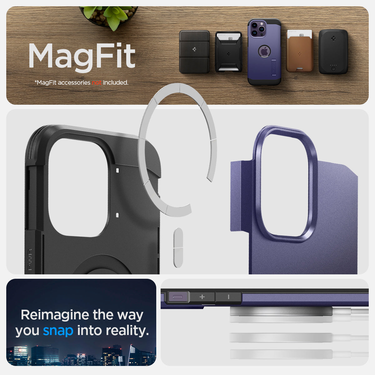 ACS05579 - iPhone 14 Pro Case Tough Armor (MagFit) in deep purple showing Magfit. reimagine the way you snap into reality.