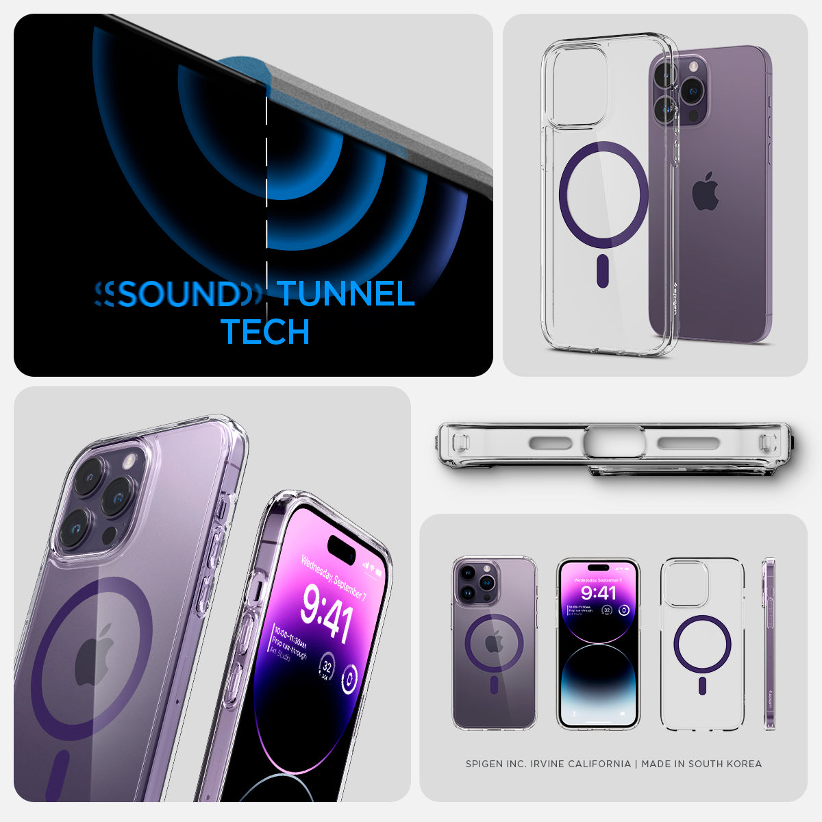 ACS05585 - iPhone 14 Pro Case Ultra Hybrid (MagFit) in deep purple showing sound tunnel tech.