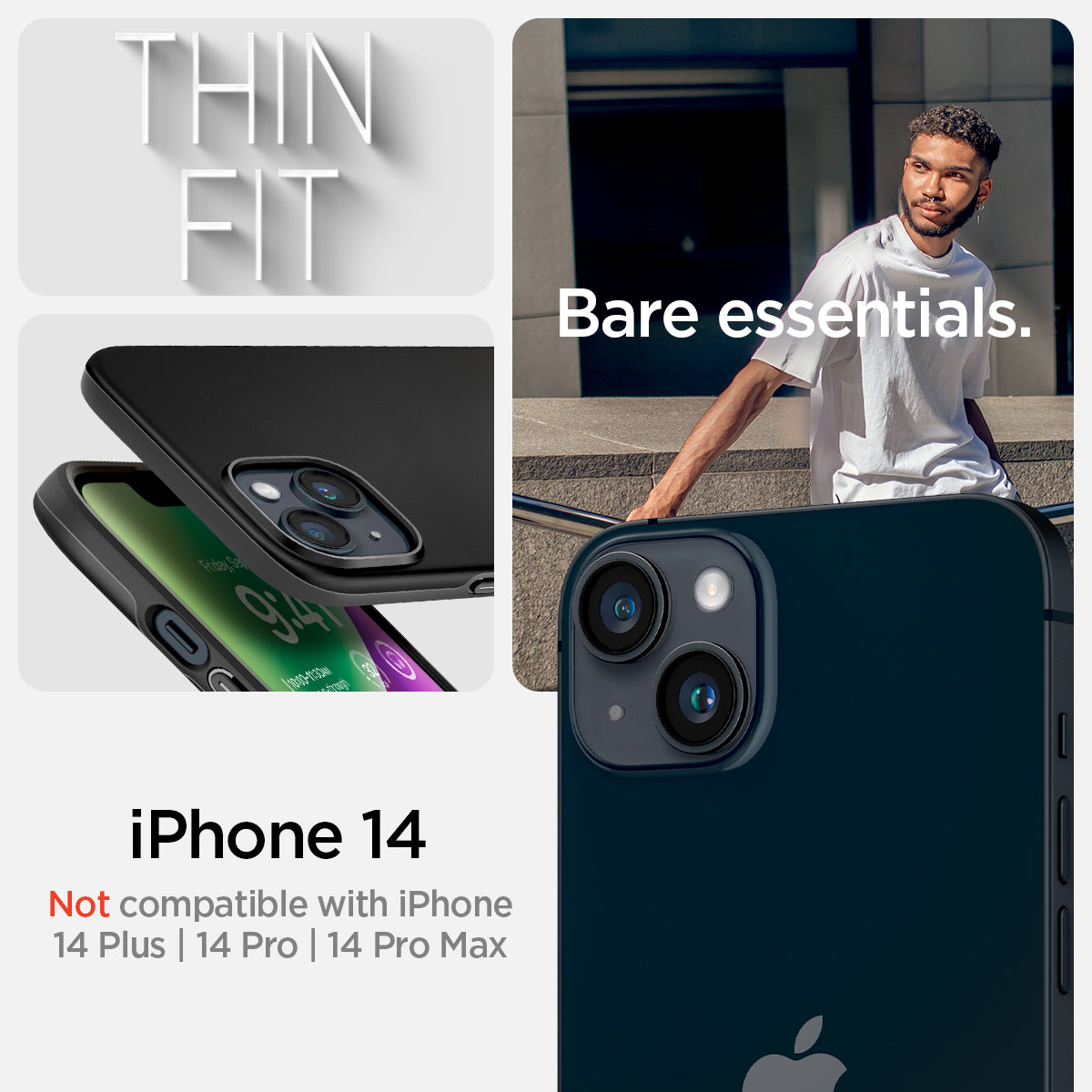 ACS04788 - iPhone 14 Case Thin Fit in black showing the compatibility only with iPhone 14. Not compatible with iPhone 4 Plus | 14 Pro | 14 Pro Max