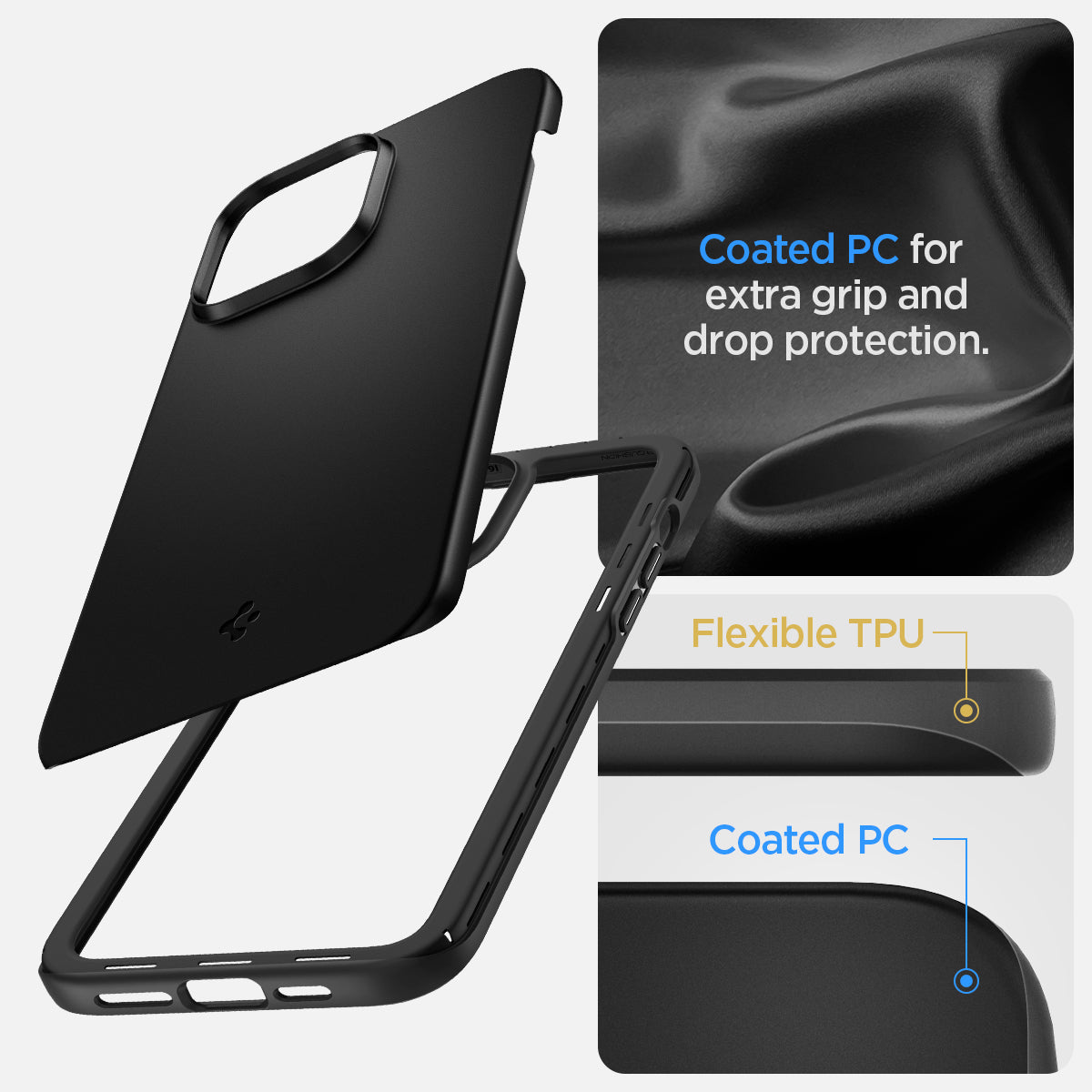 ACS04788 - iPhone 14 Case Thin Fit in black showing the coated PC for extra grip and drop protection