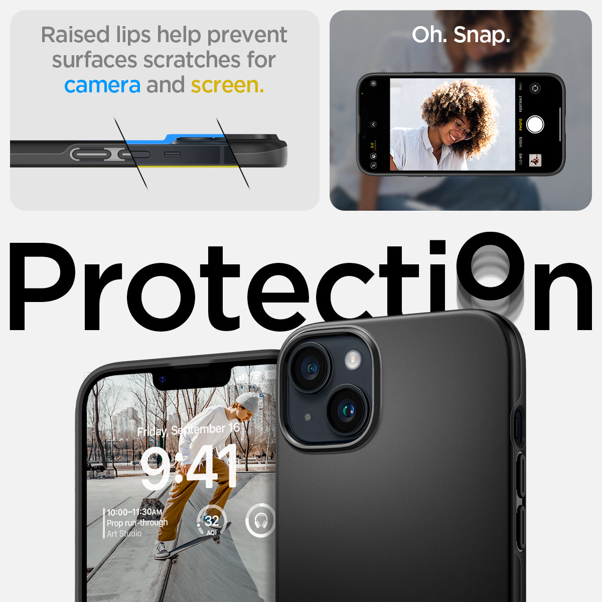 ACS04788 - iPhone 14 Case Thin Fit in black showing the raised lips help prevent surfaces scratches for camera and screen