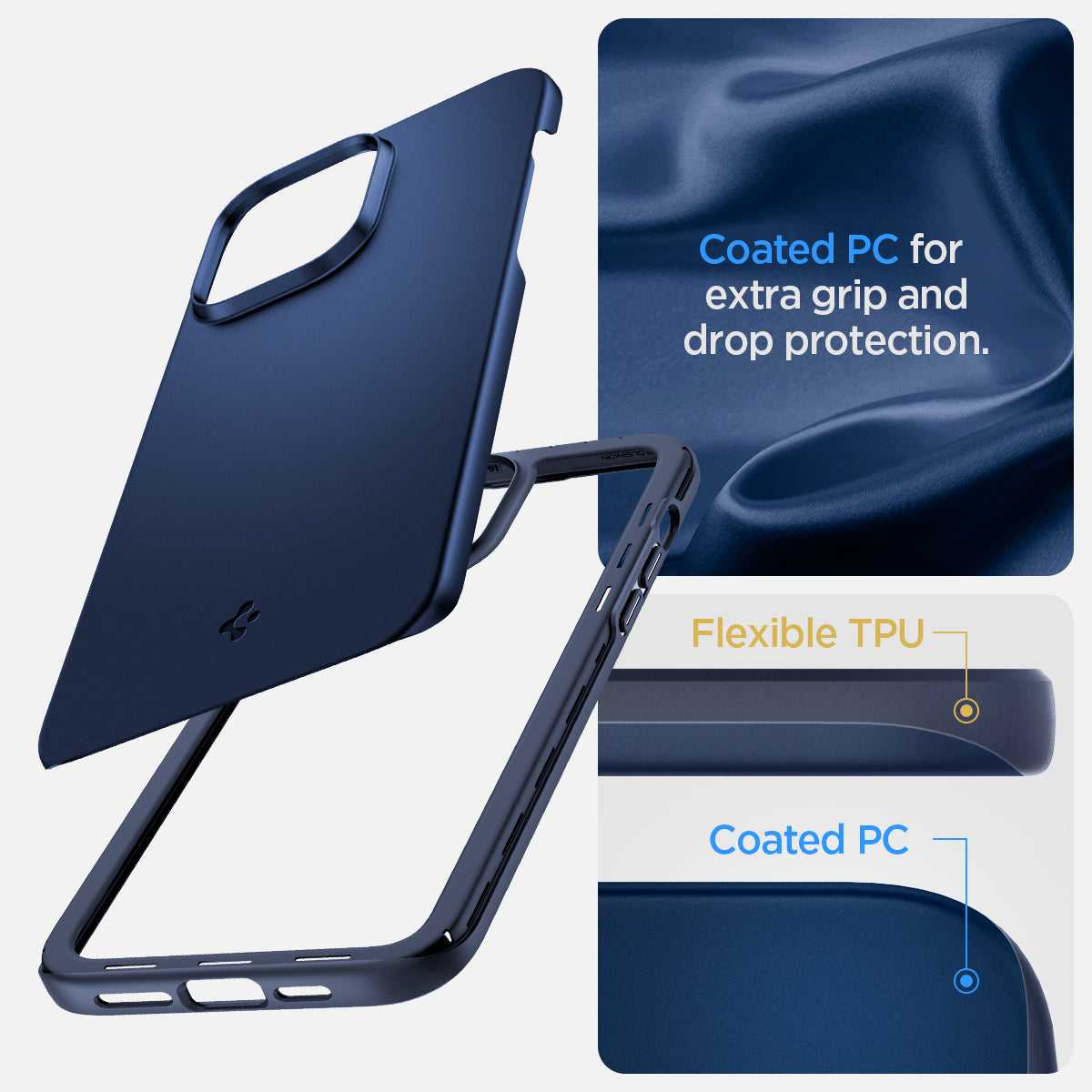 ACS04790 - iPhone 14 Case Thin Fit in navy blue showing the coated PC for extra grip and drop protection