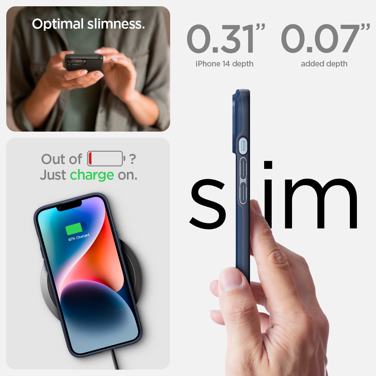 ACS04790 - iPhone 14 Case Thin Fit in navy blue showing the 0.31" device depth 0.07" added depth