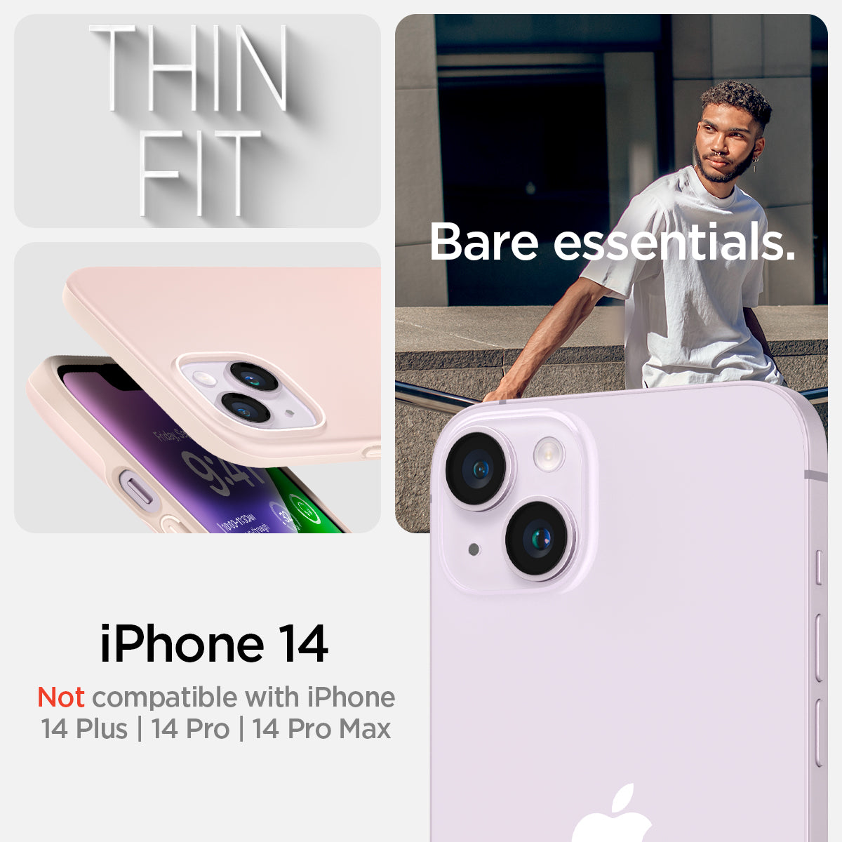 ACS04791 - iPhone 14 Case Thin Fit in pink sand showing the compatibility only with iPhone 14. Not compatible with iPhone 4 Plus | 14 Pro | 14 Pro Max