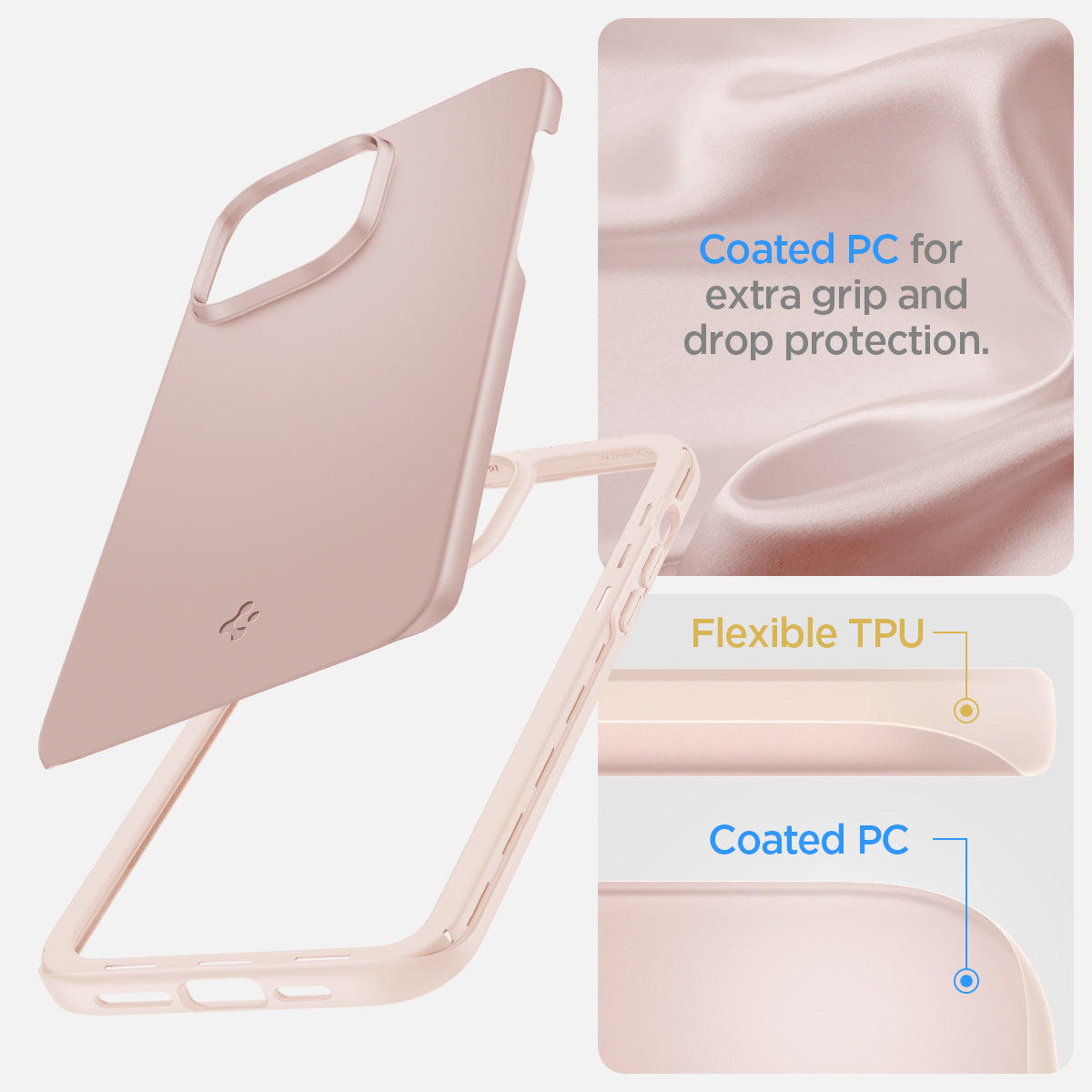 ACS04791 - iPhone 14 Case Thin Fit in pink sand showing the coated PC for extra grip and drop protection