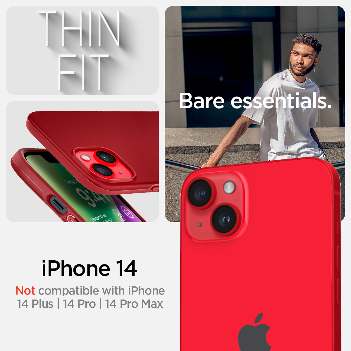 ACS04789 - iPhone 14 Case Thin Fit in red showing the compatibility only with iPhone 14. Not compatible with iPhone 4 Plus | 14 Pro | 14 Pro Max