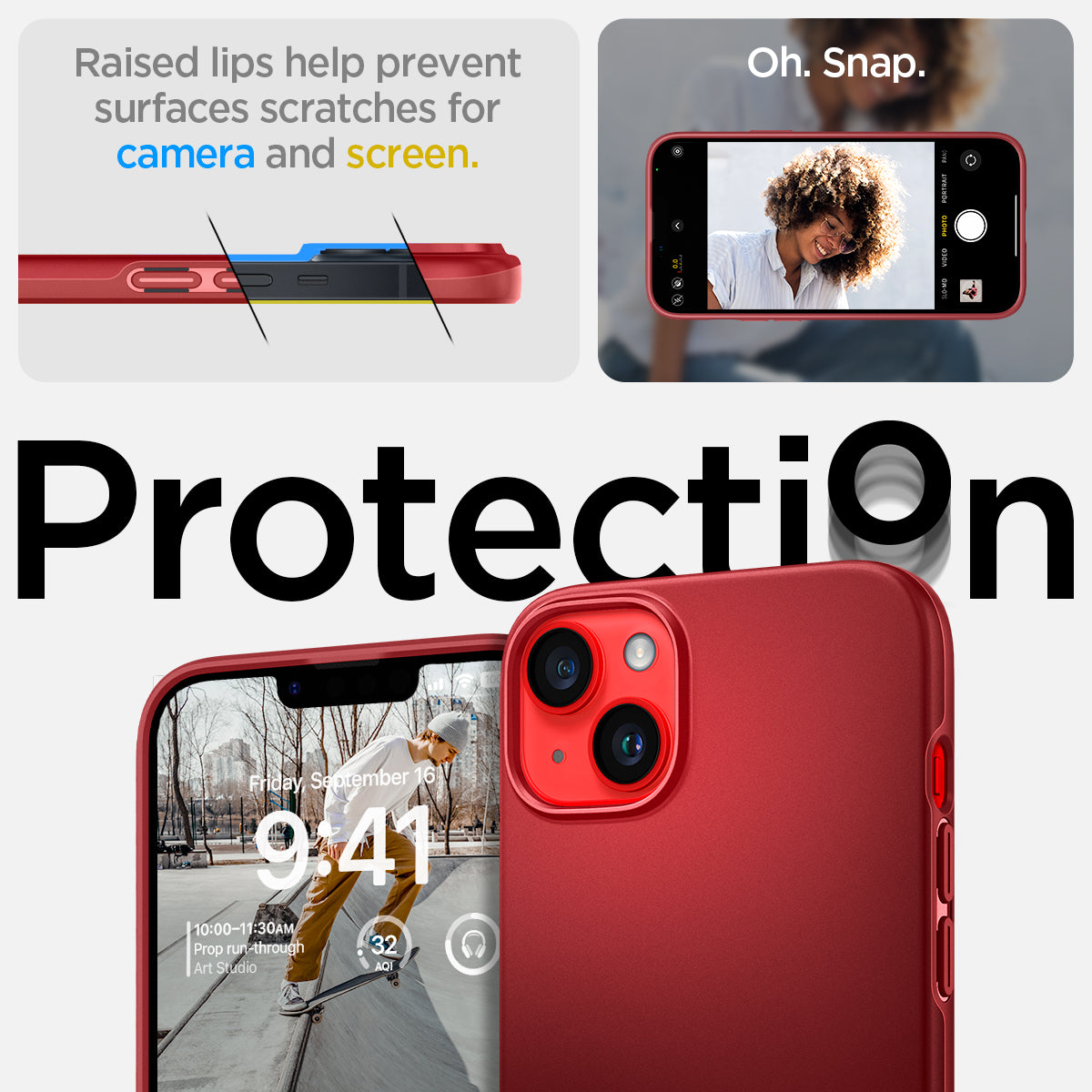 ACS04789 - iPhone 14 Case Thin Fit in red showing the raised lips help prevent surfaces scratches for camera and screen
