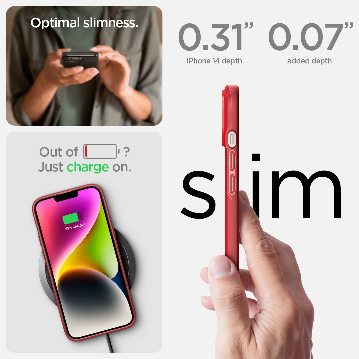ACS04789 - iPhone 14 Case Thin Fit in red showing the 0.31" device depth 0.07" added depth