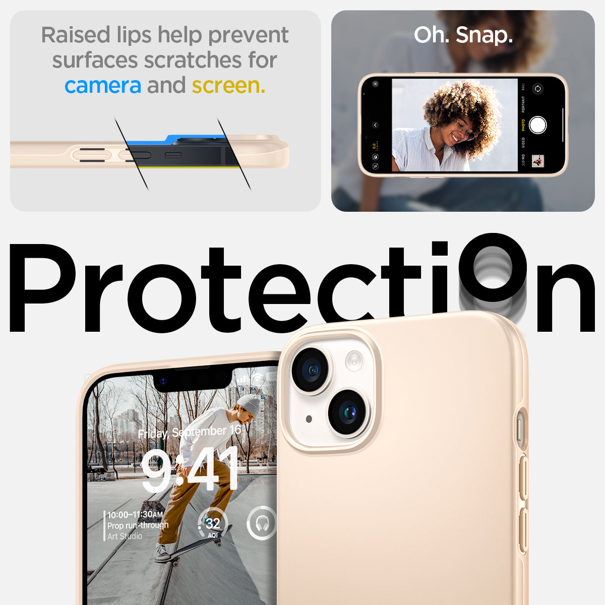ACS04793 - iPhone 14 Case Thin Fit in sand beige showing the raised lips help prevent surfaces scratches for camera and screen